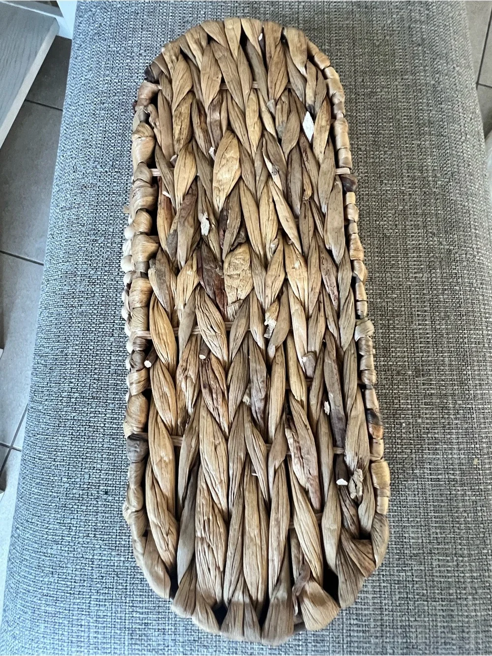 Woven Seagrass Oval Basket with Wooden Bead Trim - Natural Brown